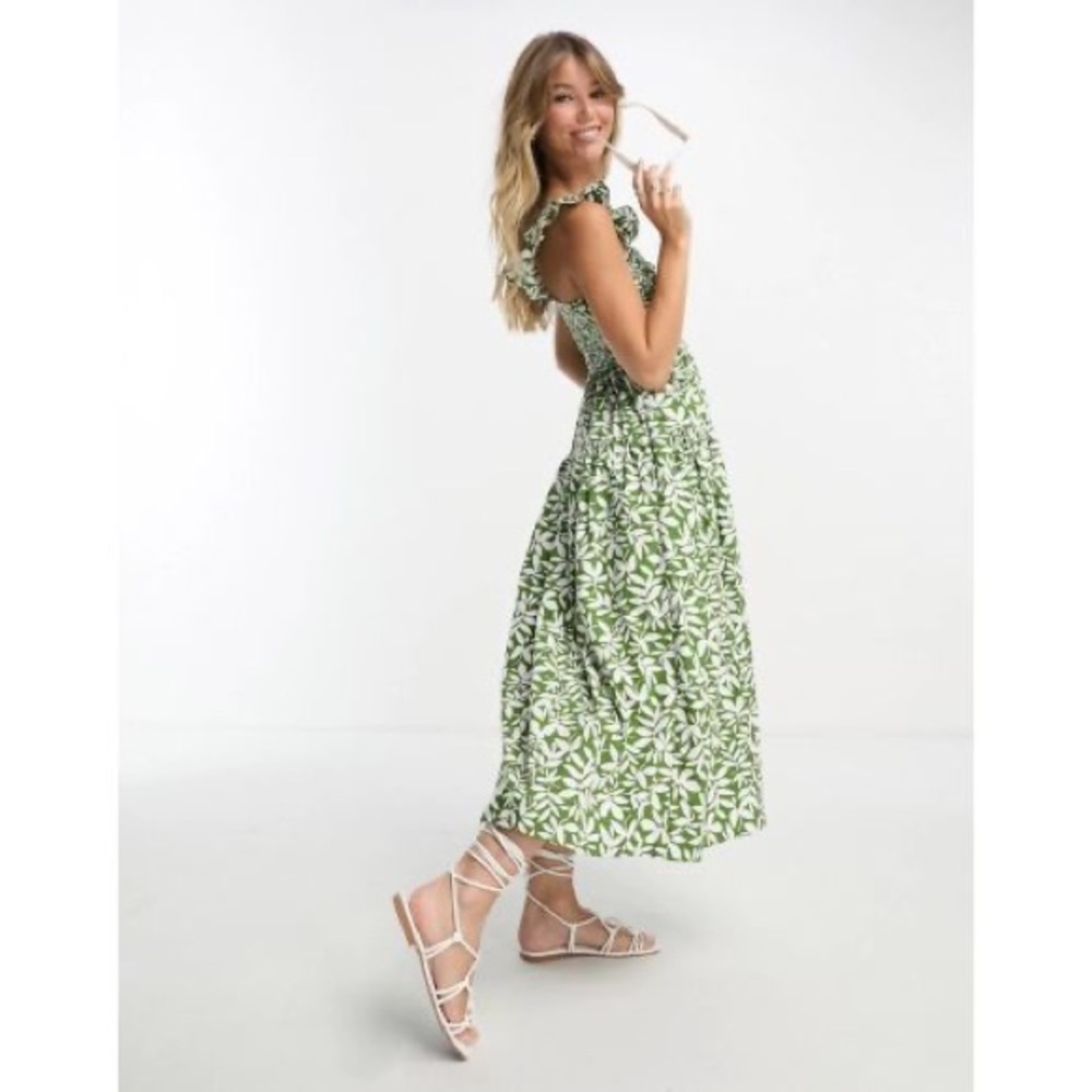 Abercrombie & Fitch green botanical midi dress w/ pockets